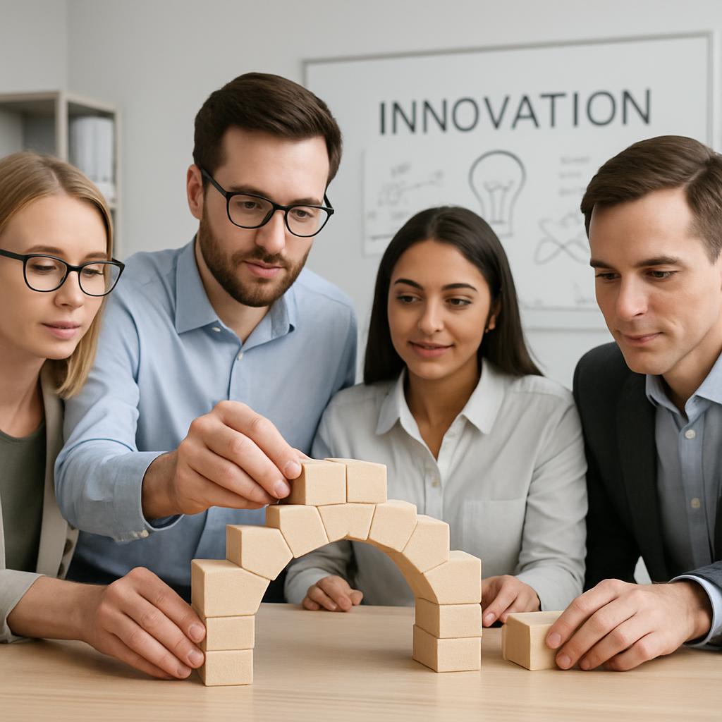 A group of professionals building an arch using brown blocks on a wooden table, with the word 'INNOVATION' and a diagram i...